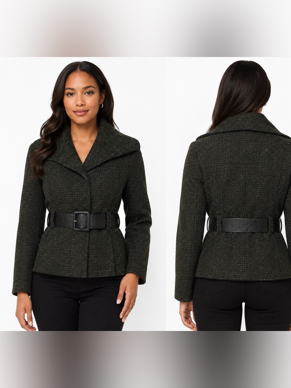 Jones New York Women’s Size 12 Wool Blend Tweed Belted Jacket Blazer Brown